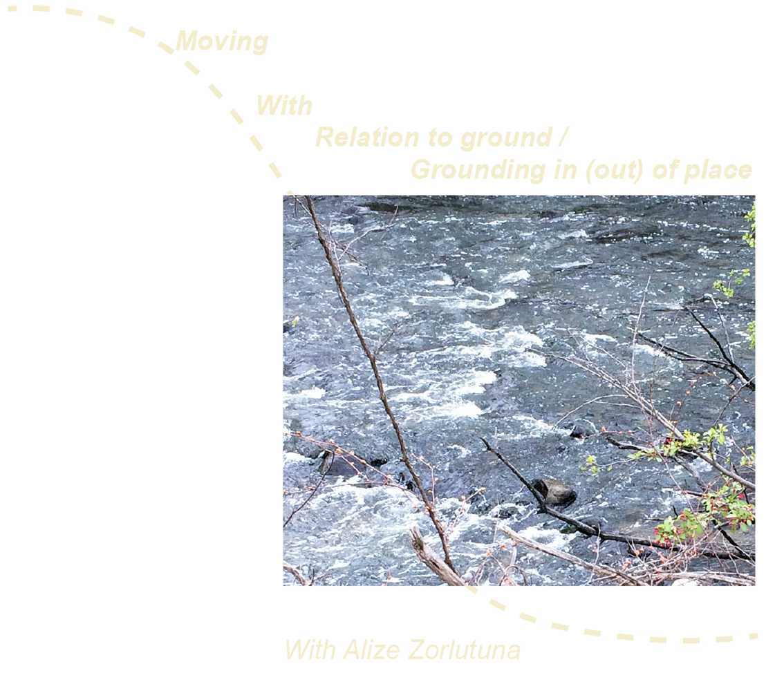 A close-up image of a flowing rapid river. There is a light yellow curved and dotted line moving across the image starting from the top left corner and outside of the frame and curves behind the image, ending at the bottom right corner. Text starts at the top left, tapers down, and reads, “moving with relation to ground, grounding in (out) of place.” 