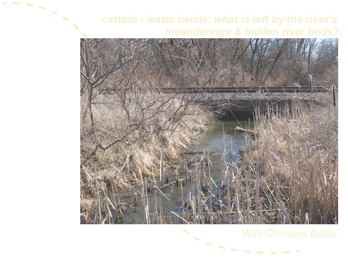 A river tributary running under a bed of rocks and train track perpendicular to the river. On both sides of the water are cattails and grasses yellow in early spring. Also pictured are sumac trees in bloom. There is a light yellow curved and dotted line moving across the image starting from top left corner and outside of the frame and curves to hug the bottom right corner of the image. Text is on top of the image and reads, “cattails/water below: what is left by the river’s meanderings and hidden river beds?”